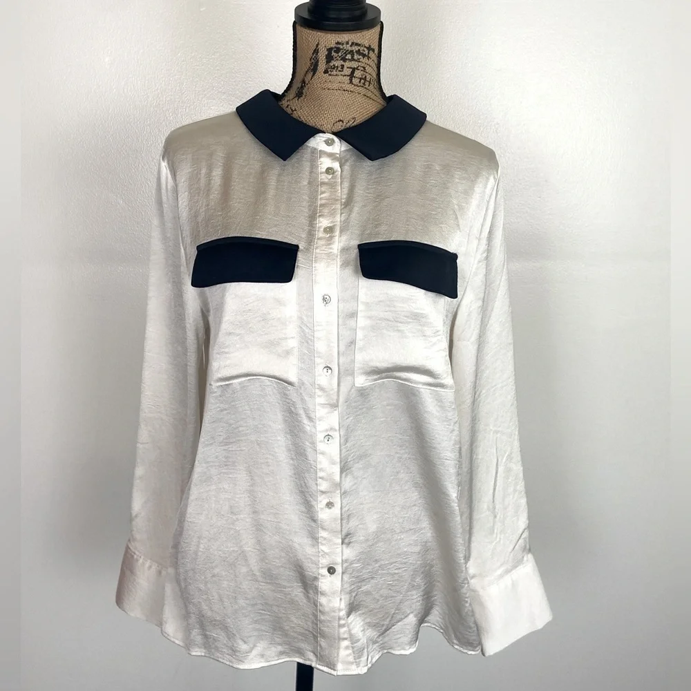 Zara Basic Women's Satin Top L Cream Nerd Preppy Mother Pearl Button Long Sleeve